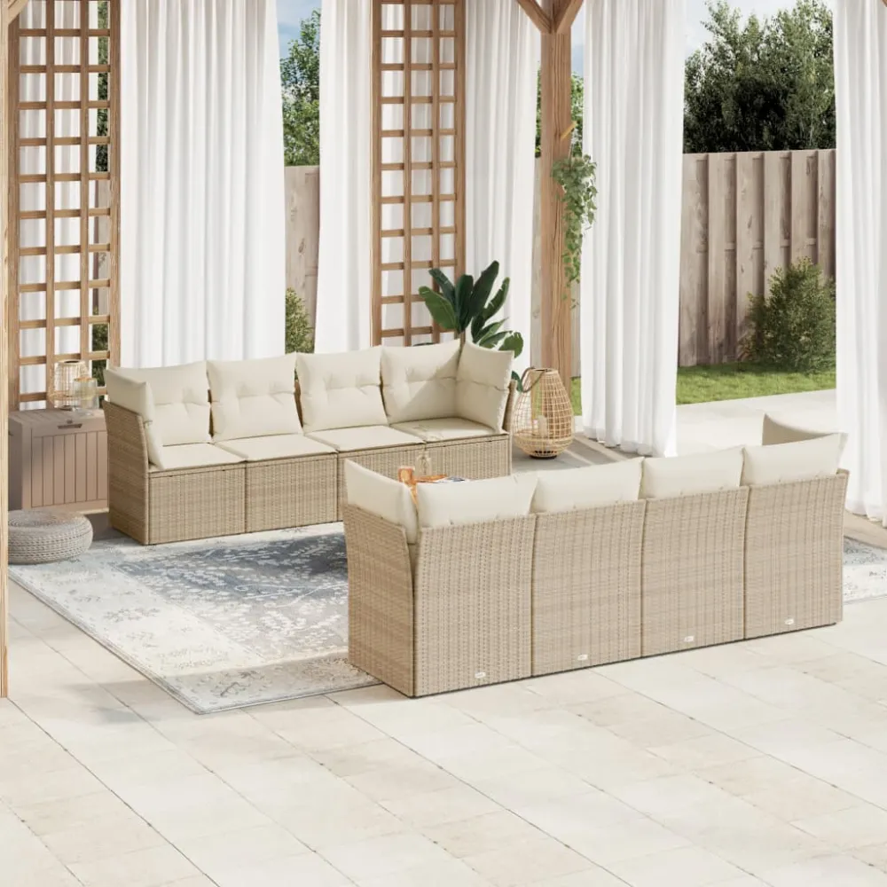 9-delige Loungeset met kussens poly rattan beige vidaXL