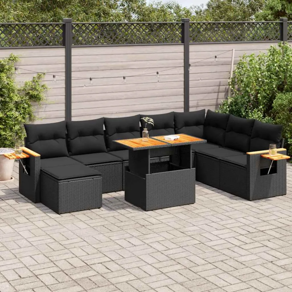 9-delige Loungeset met kussens poly rattan acacia zwart vidaXL