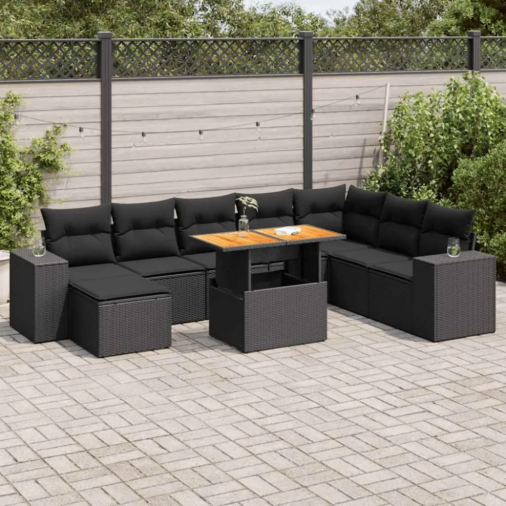 9-delige Loungeset met kussens poly rattan acacia zwart vidaXL