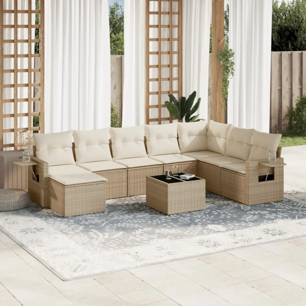 9-delige Loungeset met kussens poly rattan beige vidaXL