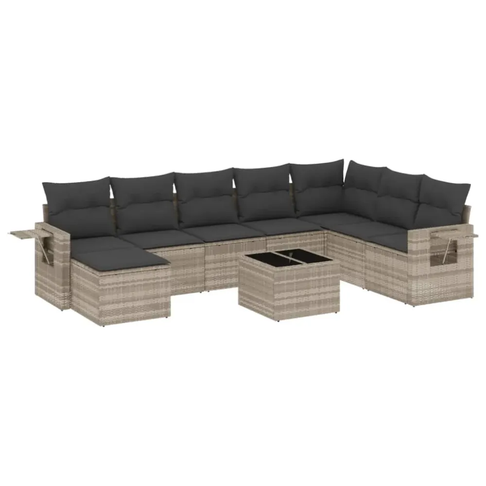 9-delige Loungeset met kussens poly rattan lichtgrijs vidaXL