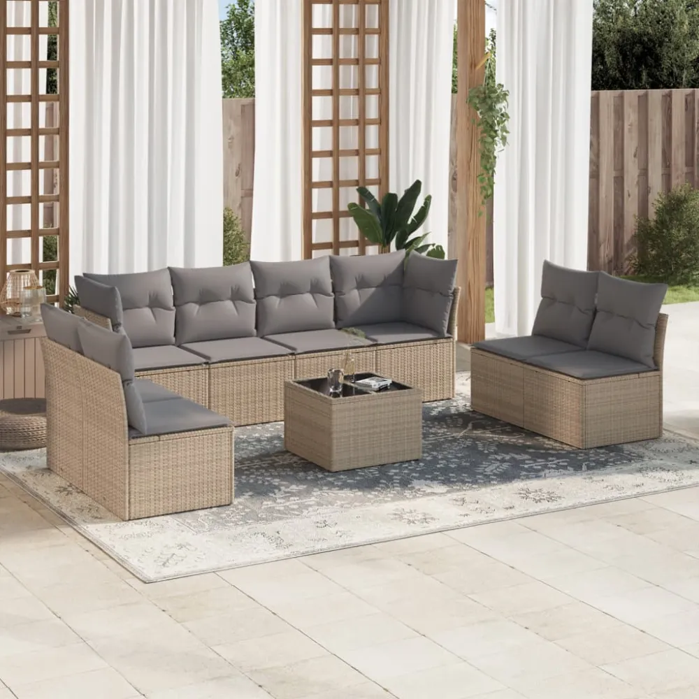 9-delige Loungeset met kussens poly rattan beige vidaXL
