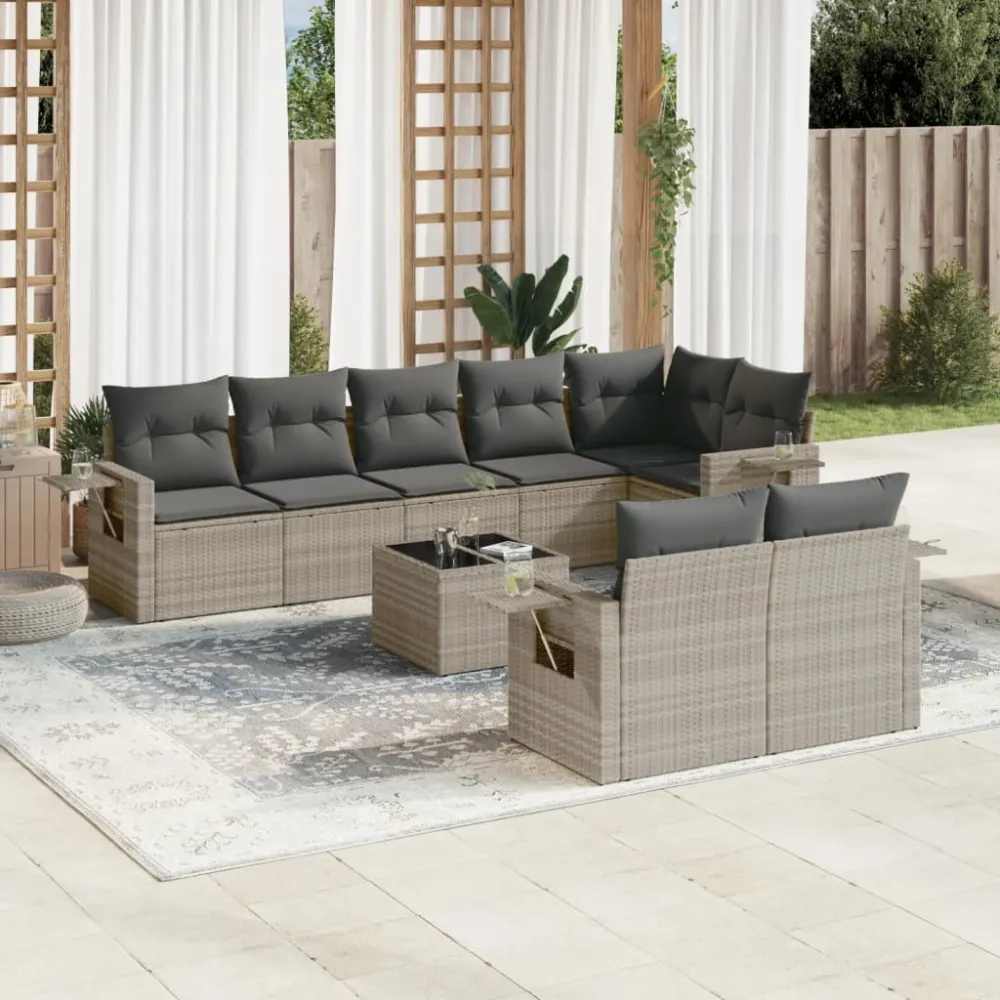 9-delige Loungeset met kussens poly rattan lichtgrijs vidaXL