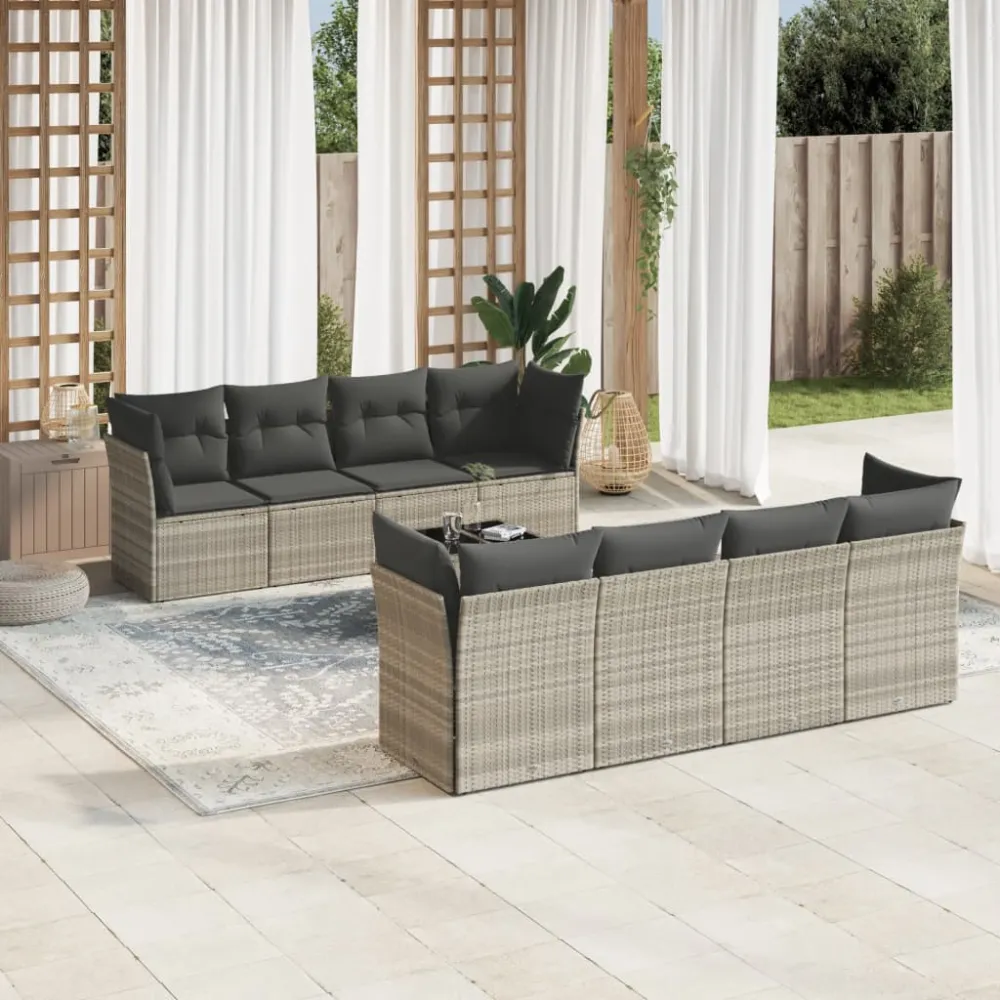 9-delige Loungeset met kussens poly rattan lichtgrijs vidaXL
