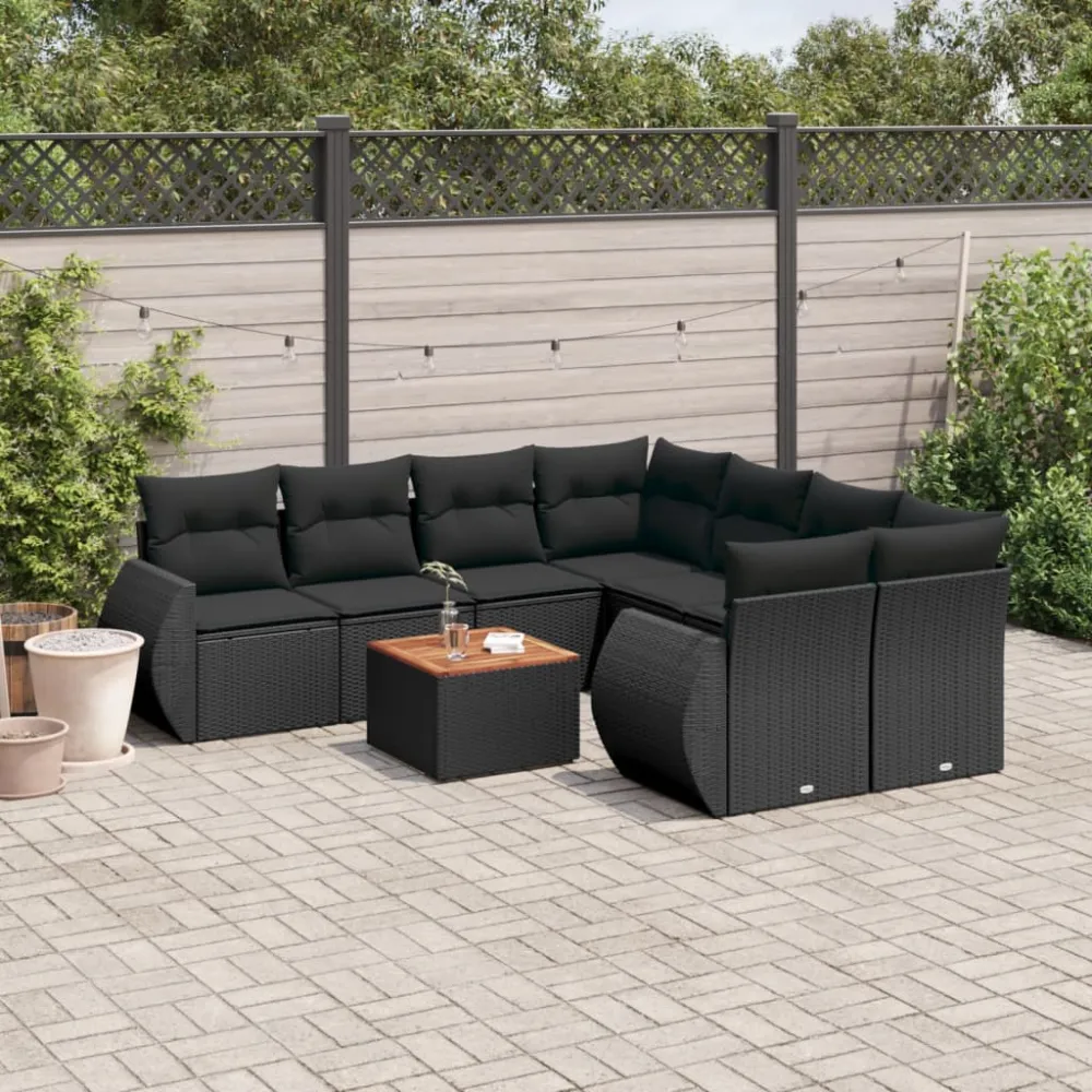 9-delige Loungeset met kussens poly rattan zwart vidaXL