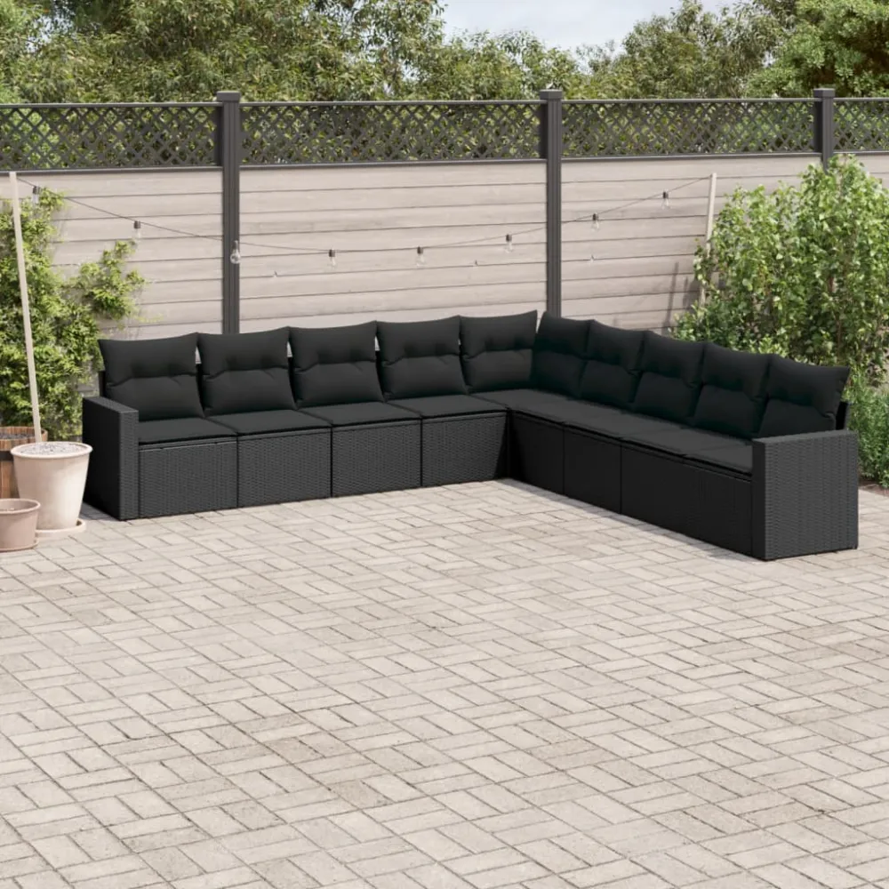 9-delige Loungeset met kussens poly rattan zwart vidaXL