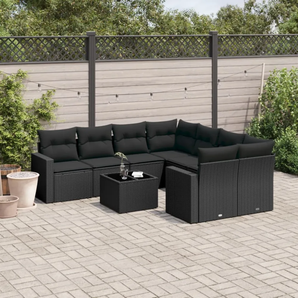 9-delige Loungeset met kussens poly rattan zwart vidaXL
