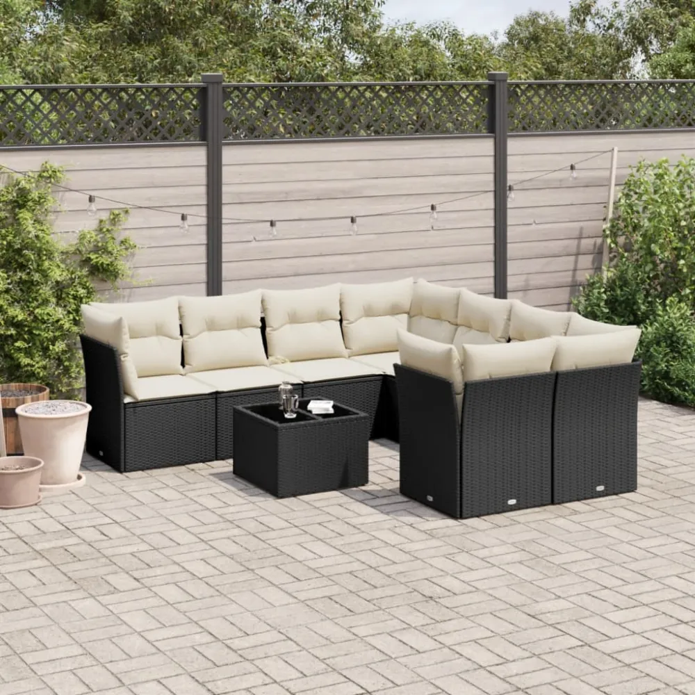 9-delige Loungeset met kussens poly rattan zwart vidaXL