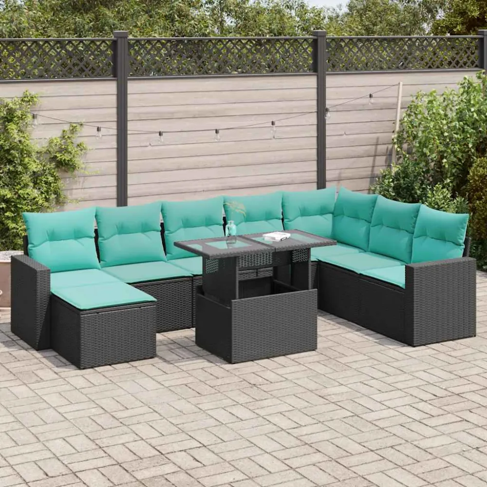 9-delige Loungeset met kussens poly rattan acacia zwart vidaXL