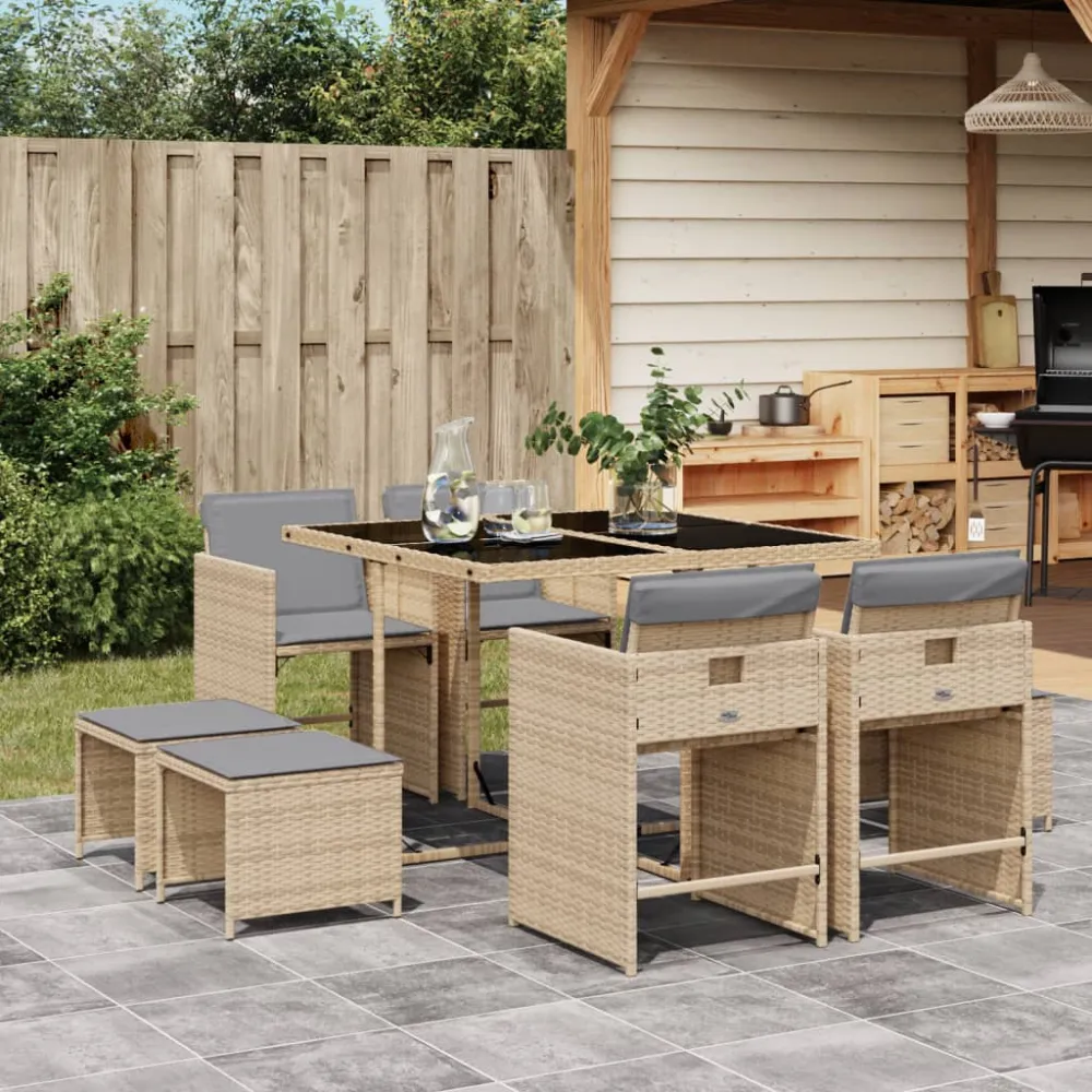 9-delige Tuinset met kussens poly rattan gemengd beige vidaXL