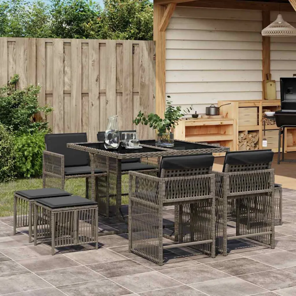 9-delige Tuinset met kussens poly rattan grijs vidaXL