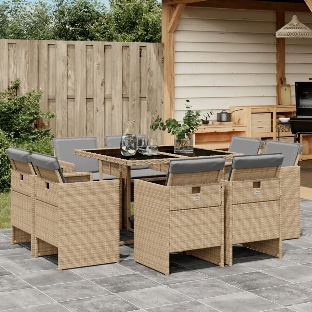 9-delige Tuinset met kussens poly rattan gemengd beige vidaXL