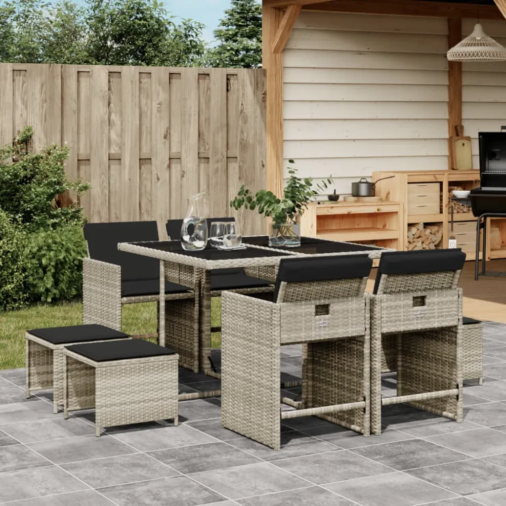 9-delige Tuinset met kussens poly rattan lichtgrijs vidaXL