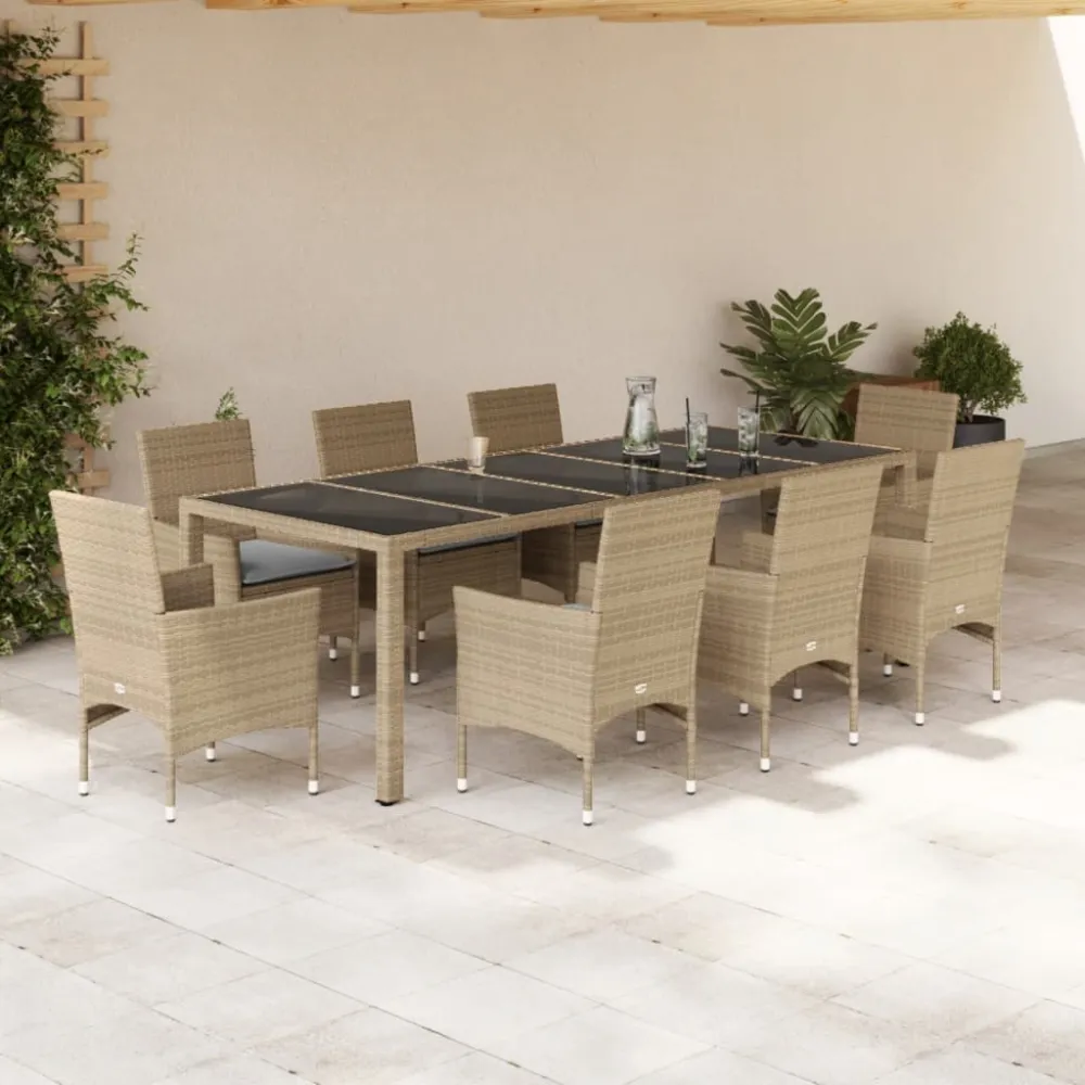 9-delige Tuinset met kussens poly rattan en glas beige vidaXL