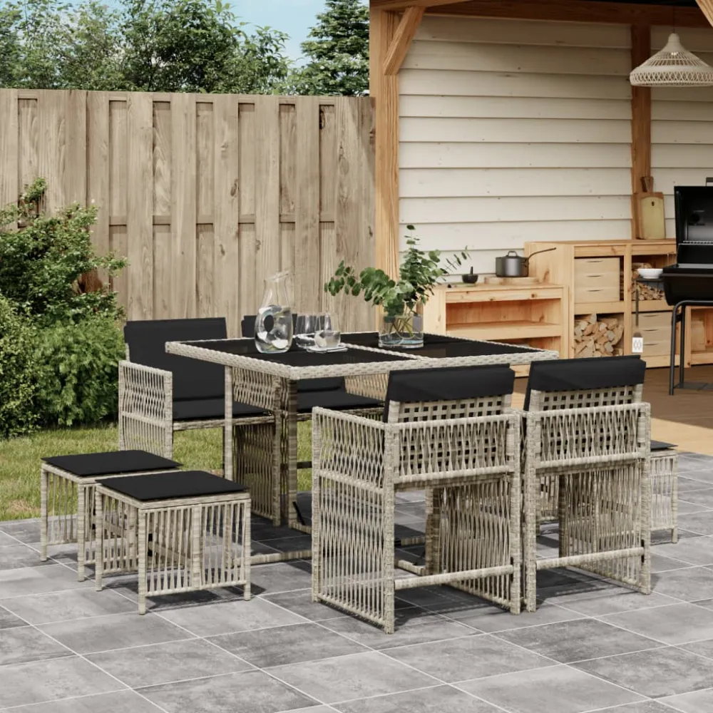 9-delige Tuinset met kussens poly rattan lichtgrijs vidaXL
