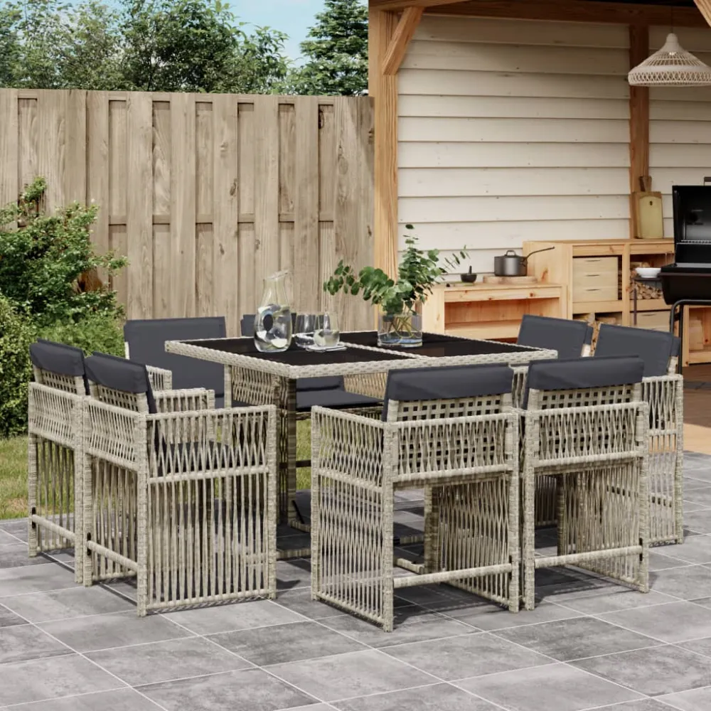 9-delige Tuinset met kussens poly rattan lichtgrijs vidaXL