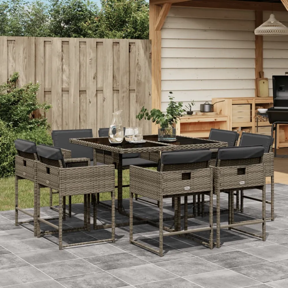 9-delige Tuinset met kussens poly rattan grijs vidaXL