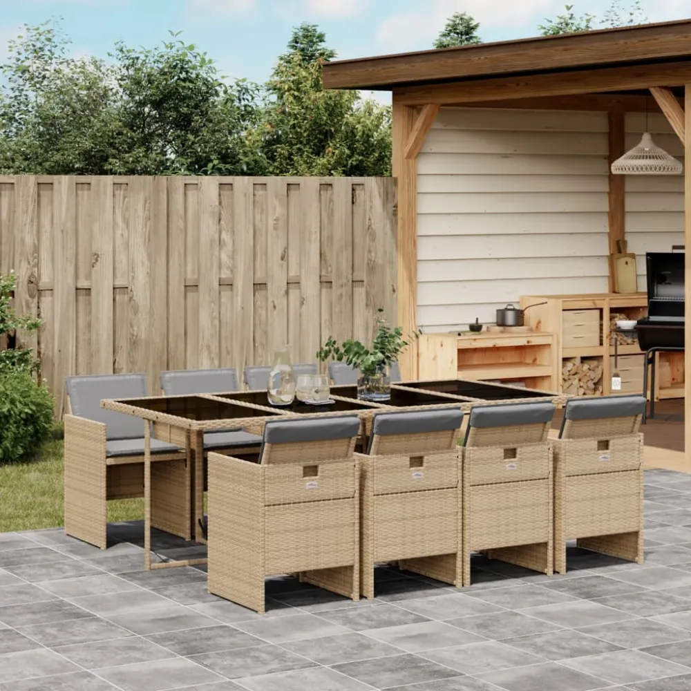 9-delige Tuinset met kussens poly rattan gemengd beige vidaXL
