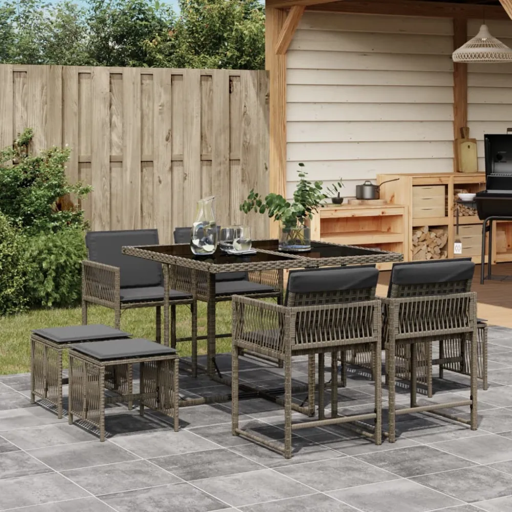 9-delige Tuinset met kussens poly rattan grijs vidaXL