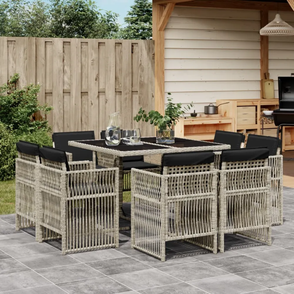 9-delige Tuinset met kussens poly rattan lichtgrijs vidaXL