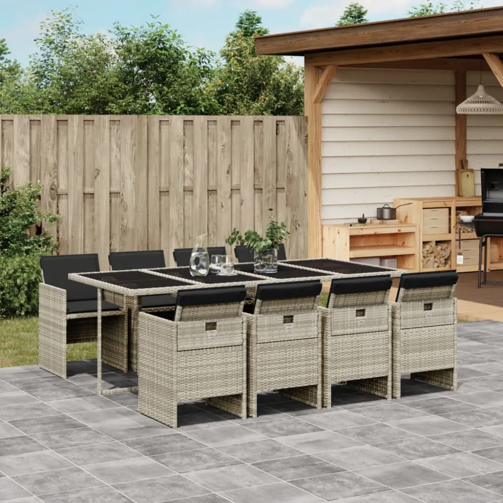 9-delige Tuinset met kussens poly rattan lichtgrijs vidaXL