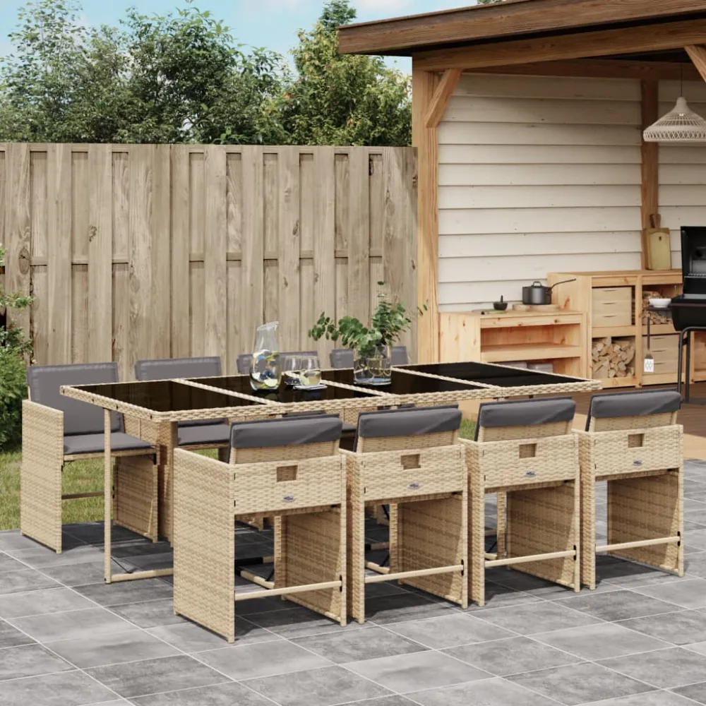 9-delige Tuinset met kussens poly rattan gemengd beige vidaXL