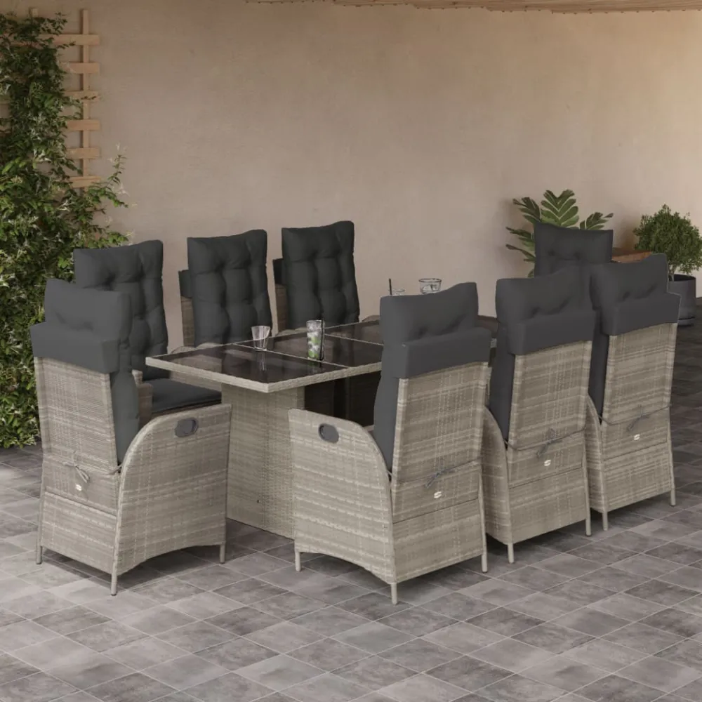 9-delige Tuinset met kussens poly rattan lichtgrijs vidaXL