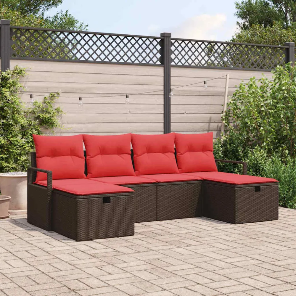 Bankstel met kussen met opslag 6 pcs Bruin en Rood poly rattan vidaXL