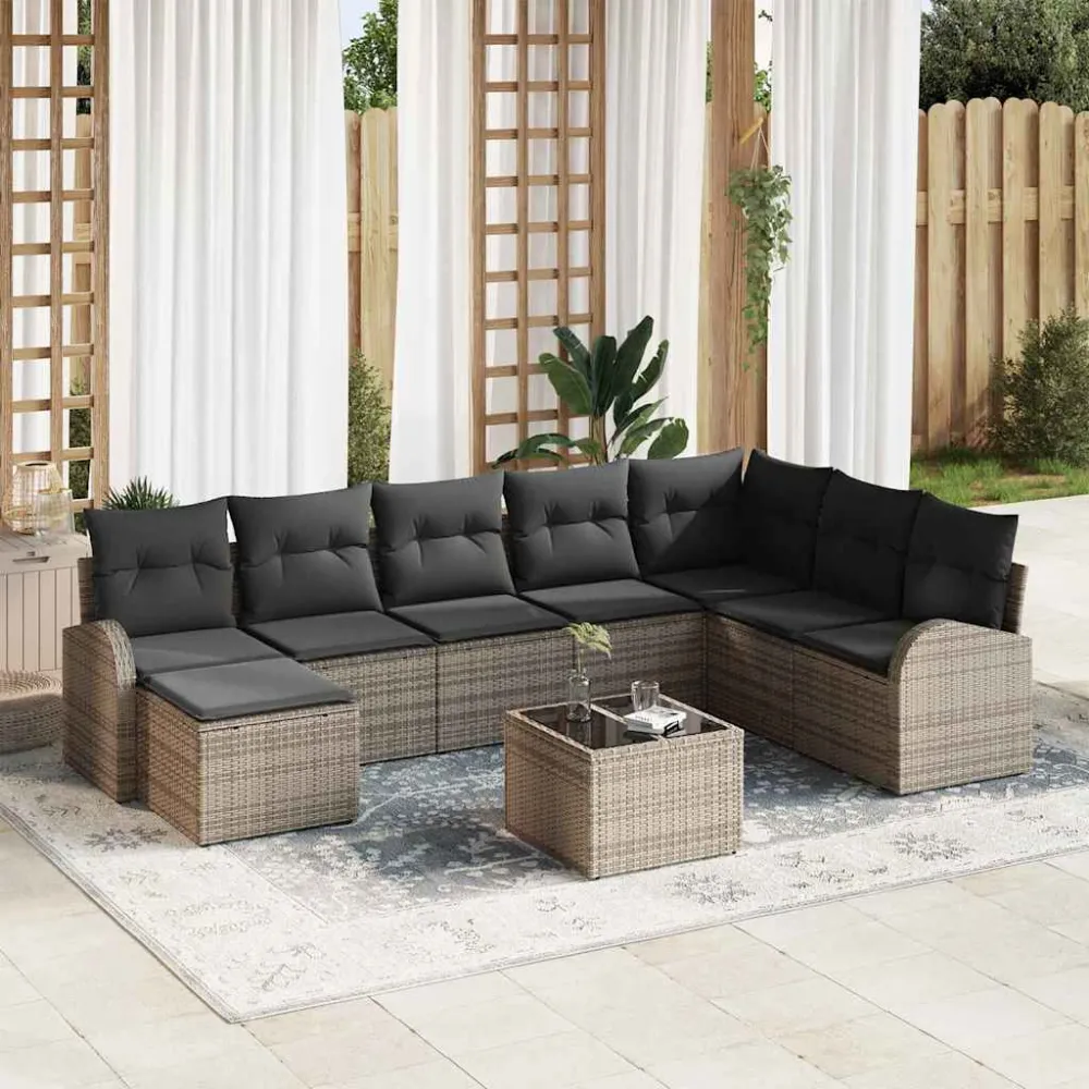 Bankstel met kussen met opslag 9 pcs Grijs poly rattan vidaXL