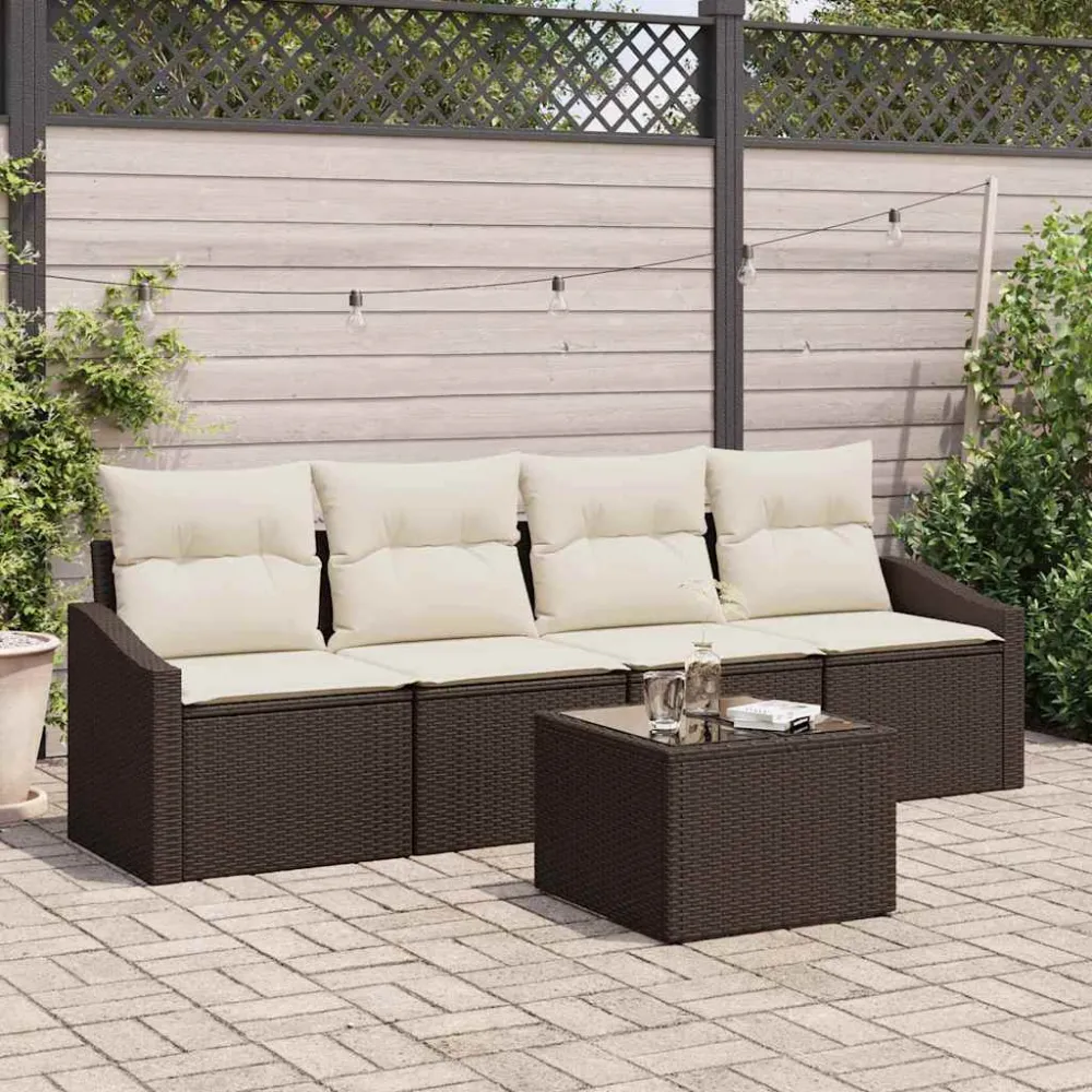 Bankstel met kussen met opslag 5 pcs Bruin en Crème poly rattan vidaXL