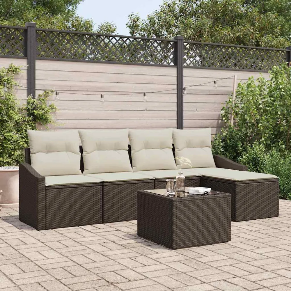 Bankstel met kussen met opslag 6 pcs Bruin en Crème poly rattan vidaXL