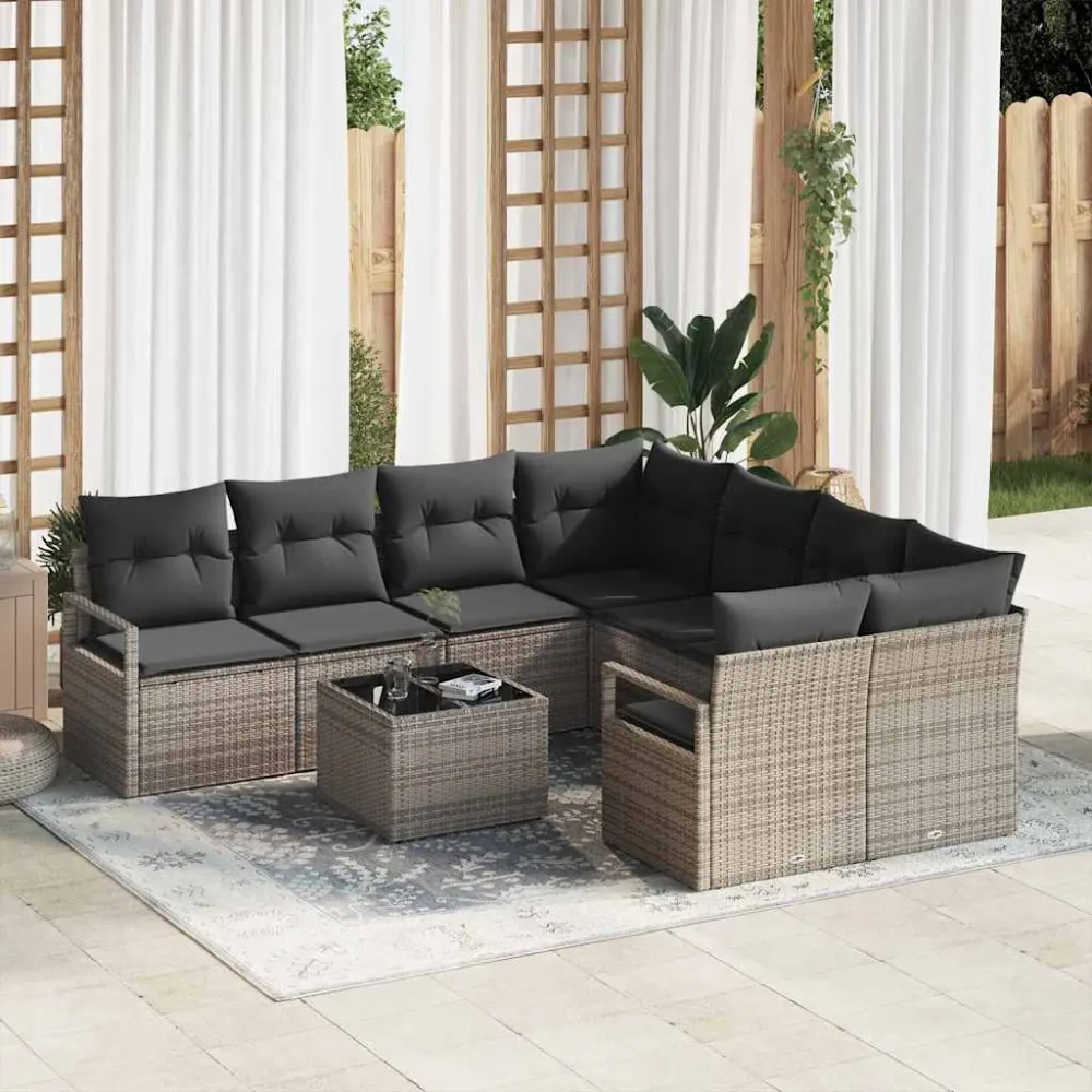 Bankstel met kussen met opslag 9 pcs Grijs poly rattan vidaXL
