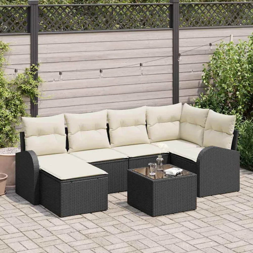 Bankstel met kussen met opslag 7 pcs Zwart en Wit poly rattan vidaXL