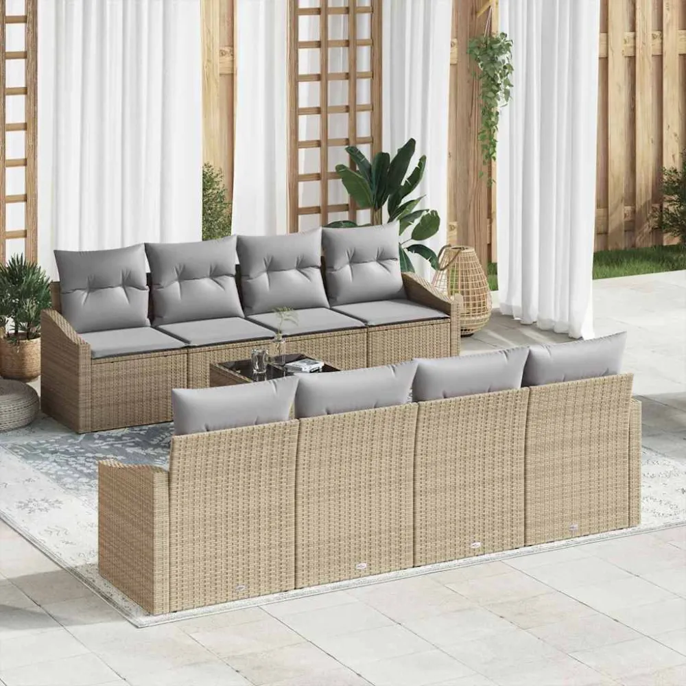 Bankstel met kussen met opslag 7 pcs Beige en Grijs poly rattan vidaXL