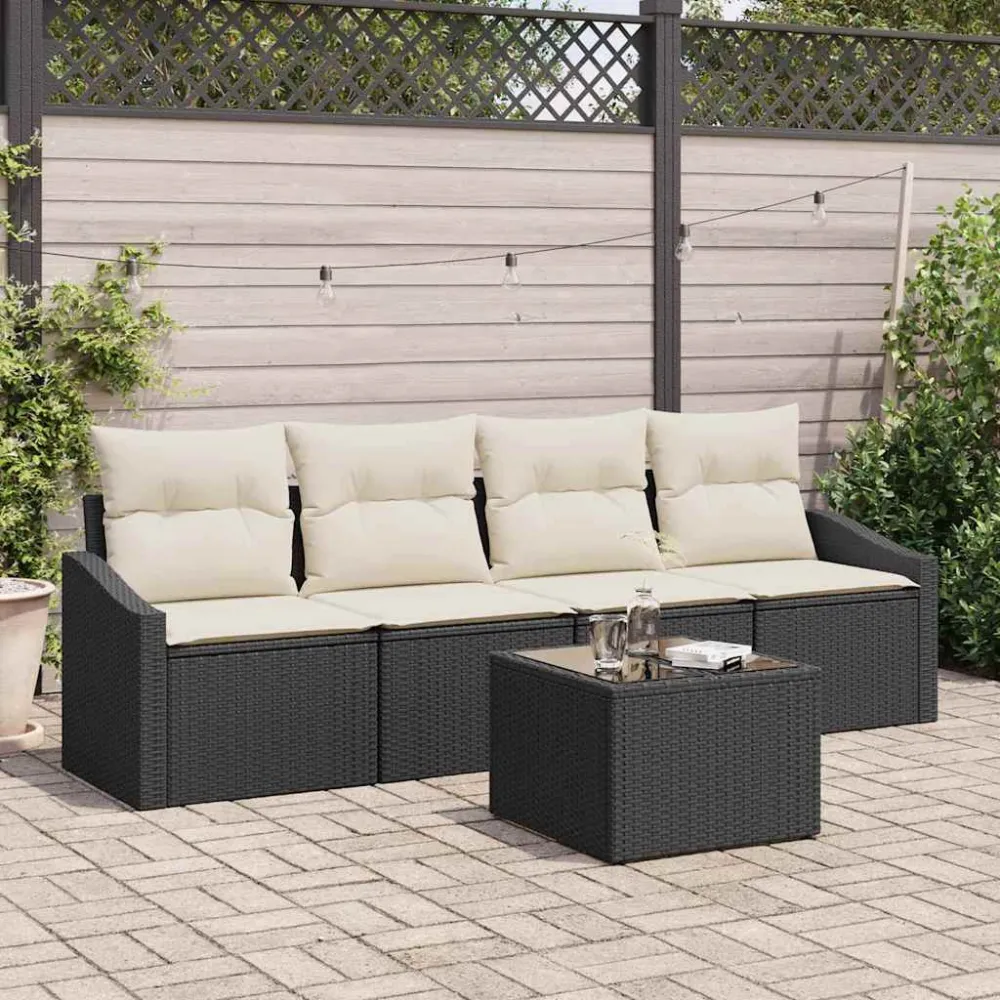 Bankstel met kussen met opslag 5 pcs Zwart en Crème poly rattan vidaXL