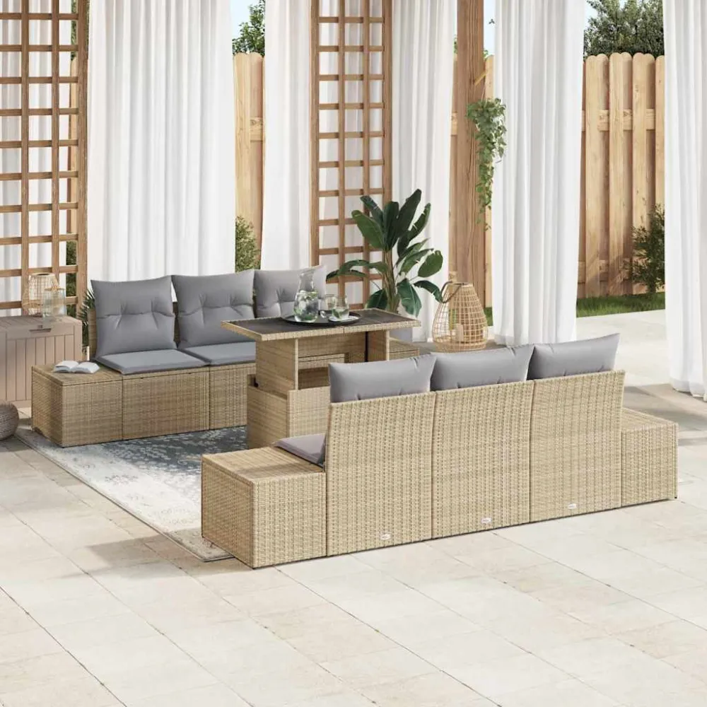 Bankstel met kussen 7 pcs Beige en Licht Grijs poly rattan vidaXL