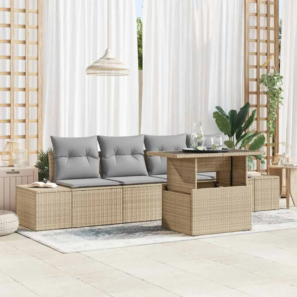 Bankstel met kussen 5 pcs Beige en Licht Grijs poly rattan vidaXL