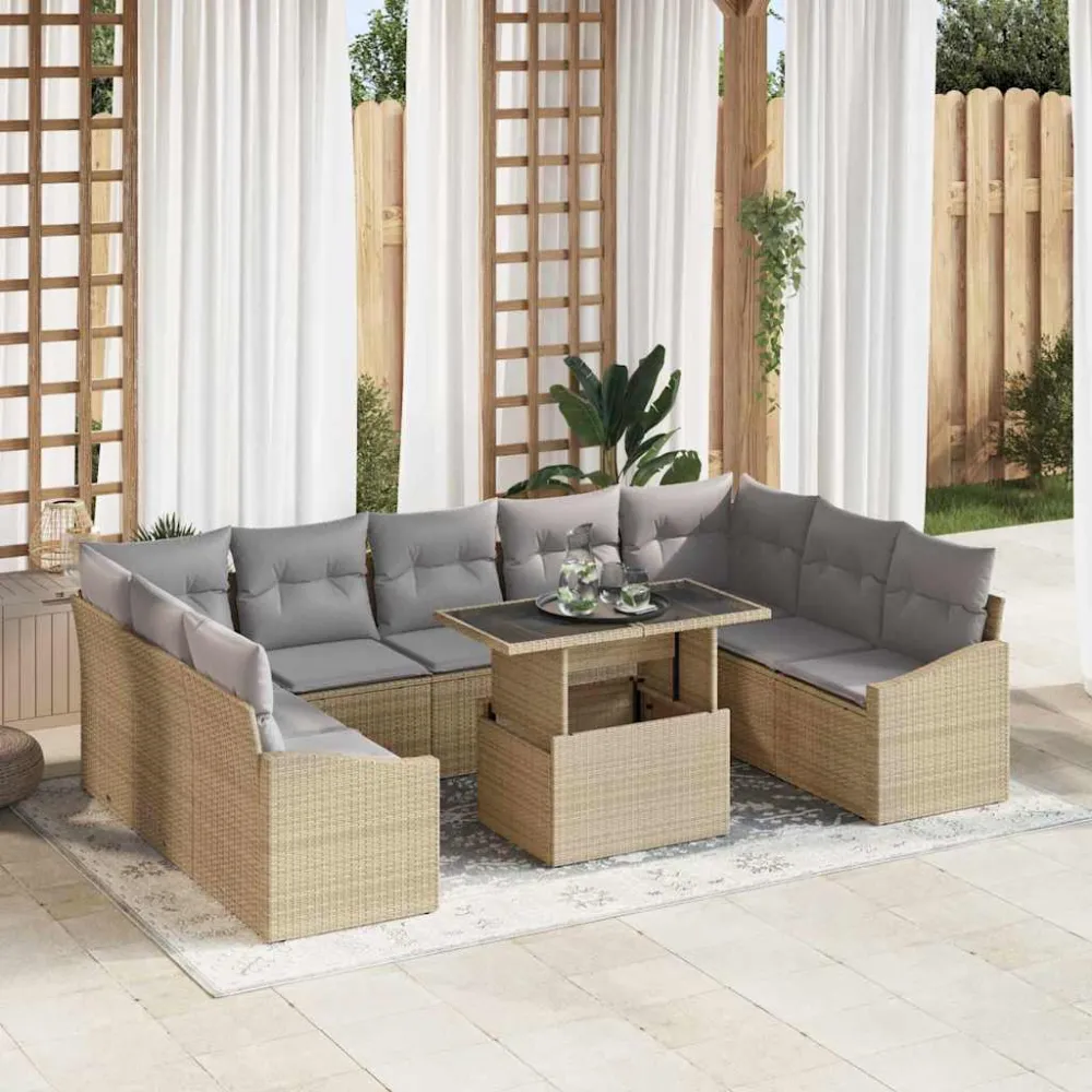 Bankstel met kussen 10 pcs Beige en Licht Grijs poly rattan vidaXL