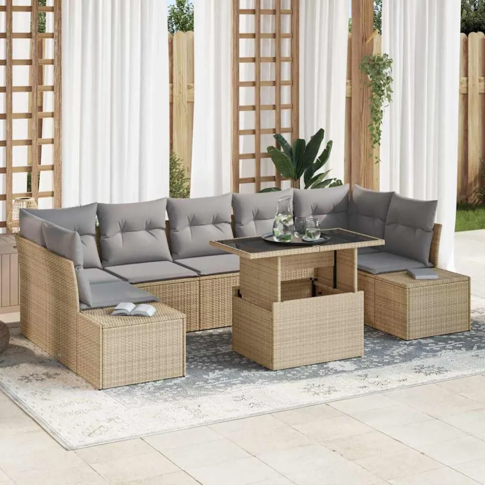 Bankstel met kussen 8 pcs Beige en Licht Grijs poly rattan vidaXL