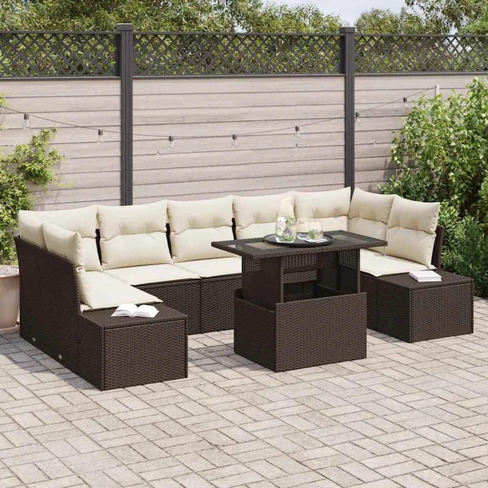 Bankstel met kussen 8 pcs Bruin en Crème poly rattan vidaXL
