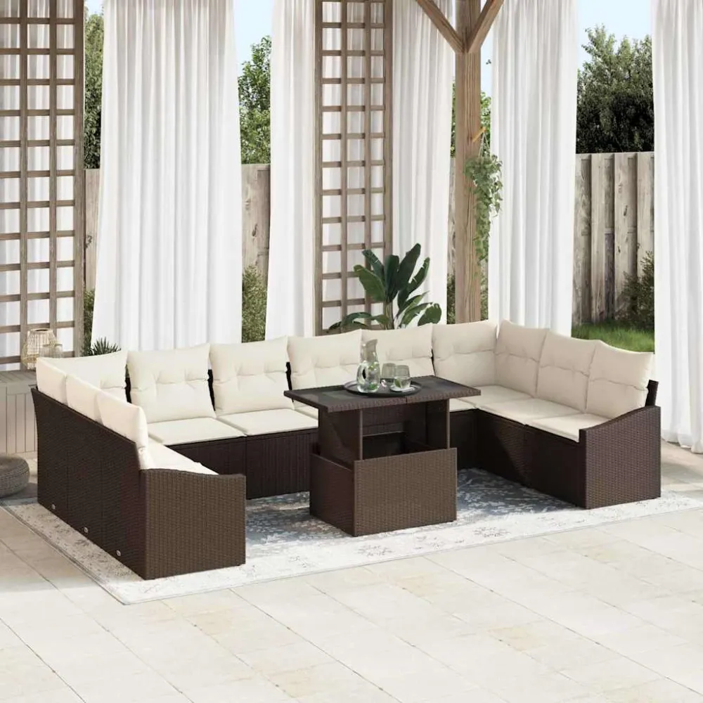 Bankstel met kussen 11 pcs Bruin en Crème poly rattan vidaXL