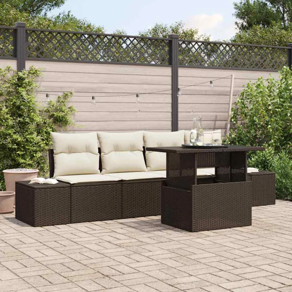 Bankstel met kussen 5 pcs Bruin en Crème poly rattan vidaXL