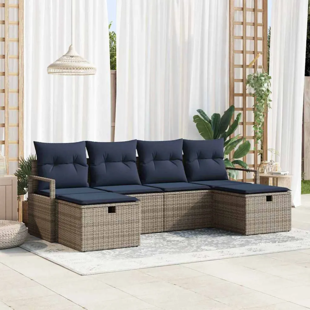Bankstel met kussen 6 pcs Grijs en Marineblauw poly rattan vidaXL