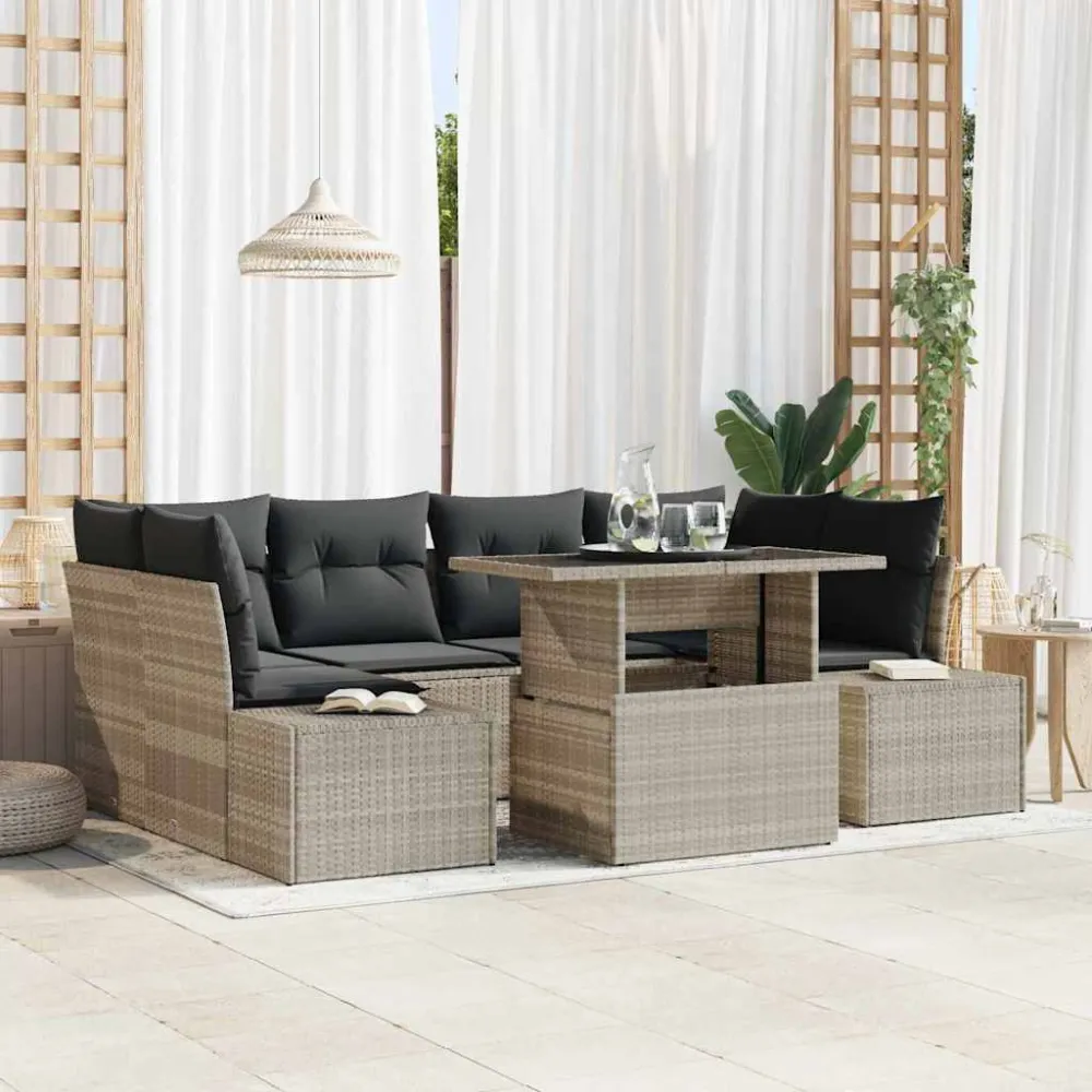 Bankstel met kussen 7 pcs Lichtgrijs poly rattan vidaXL