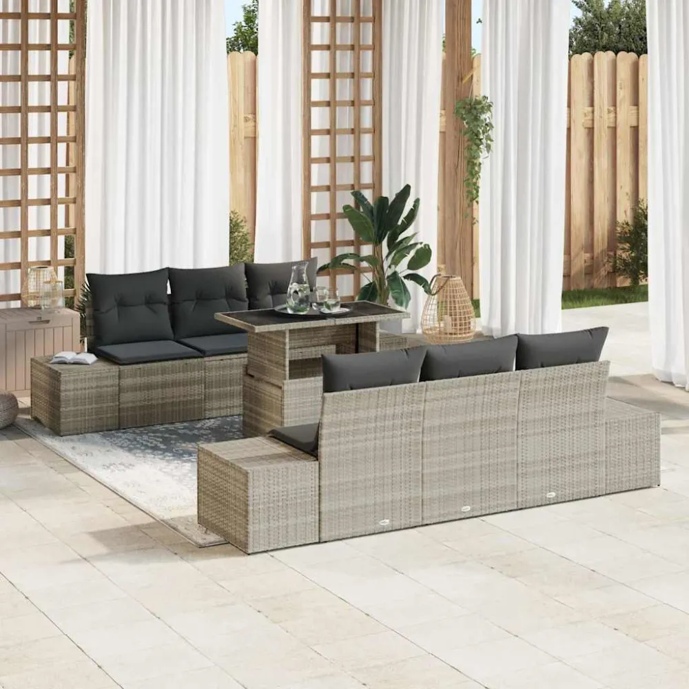 Bankstel met kussen 7 pcs Lichtgrijs poly rattan vidaXL