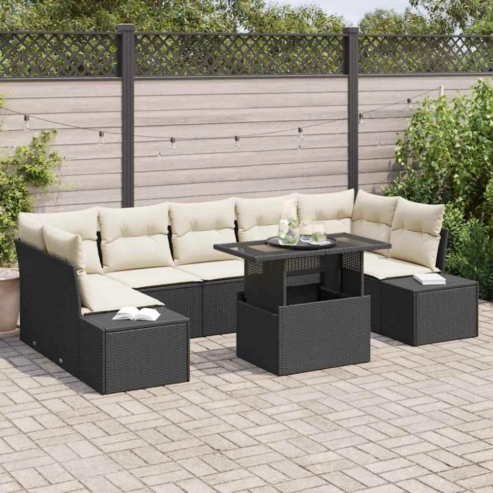 Bankstel met kussen 8 pcs Zwart en Crème poly rattan vidaXL