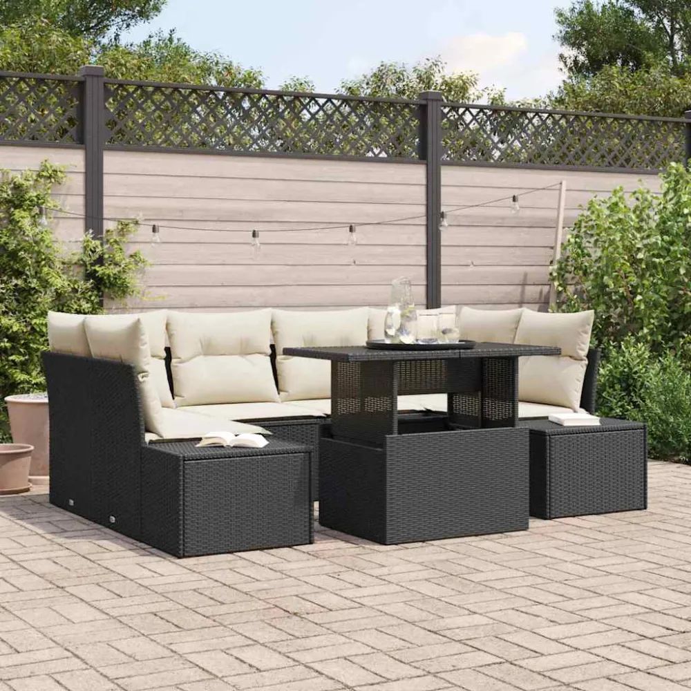 Bankstel met kussen 7 pcs Zwart en Crème poly rattan vidaXL