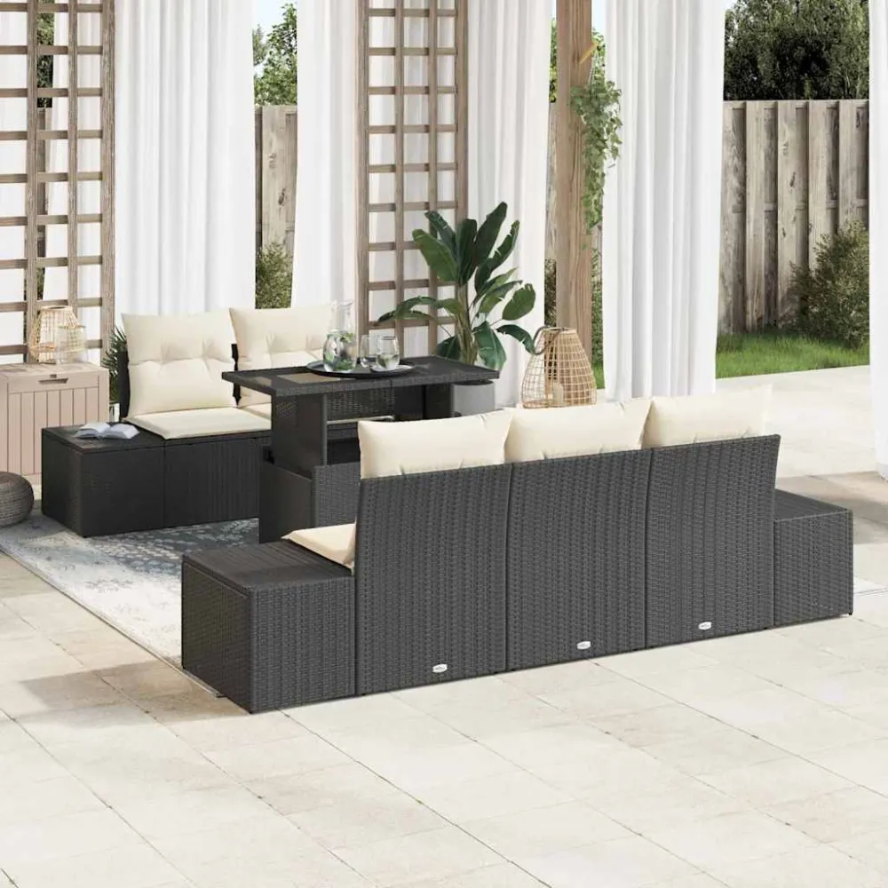 Bankstel met kussen 6 pcs Zwart en Crème poly rattan vidaXL