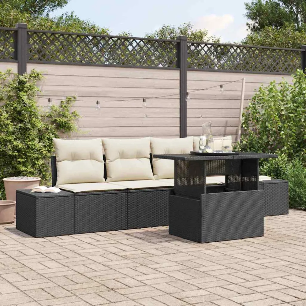 Bankstel met kussen 5 pcs Zwart en Crème poly rattan vidaXL