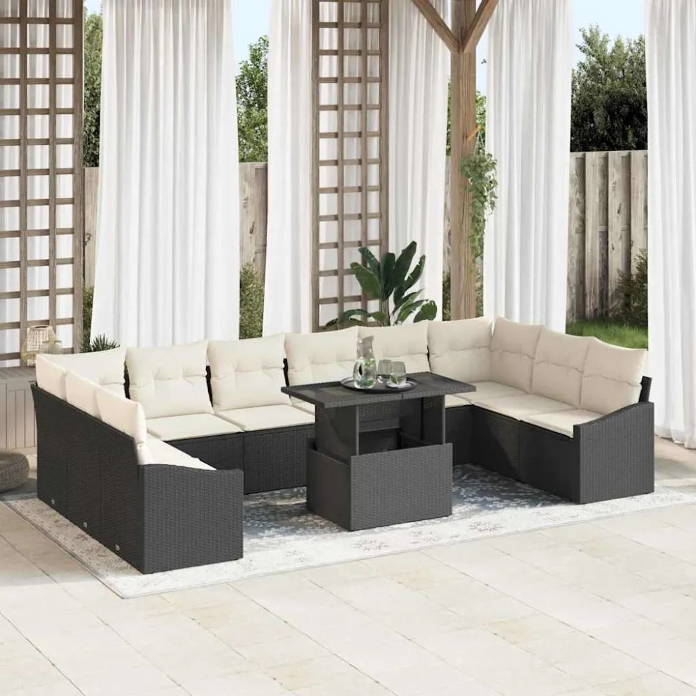 Bankstel met kussen 11 pcs Zwart en Crème poly rattan vidaXL